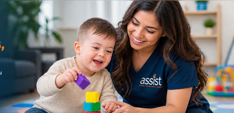 Therapist working with a young child during an in-home therapy session