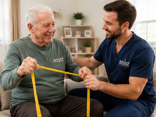 Physical therapist helping an older adult build strength at home