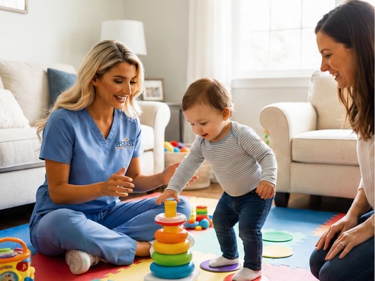 Pediatric therapist providing in-home therapy with a child and caregiver
