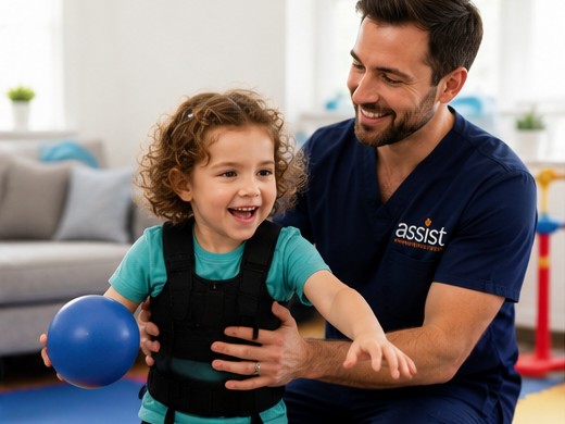 Pediatric physical therapist supporting a child during an in-home movement activity
