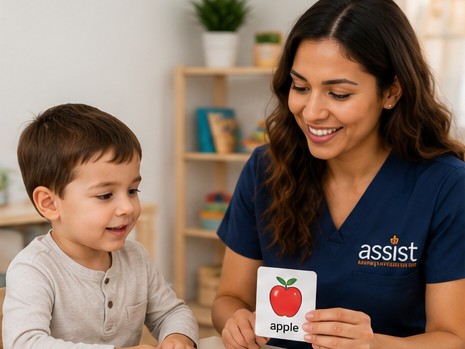 Pediatric speech therapist working on language and communication skills with a child